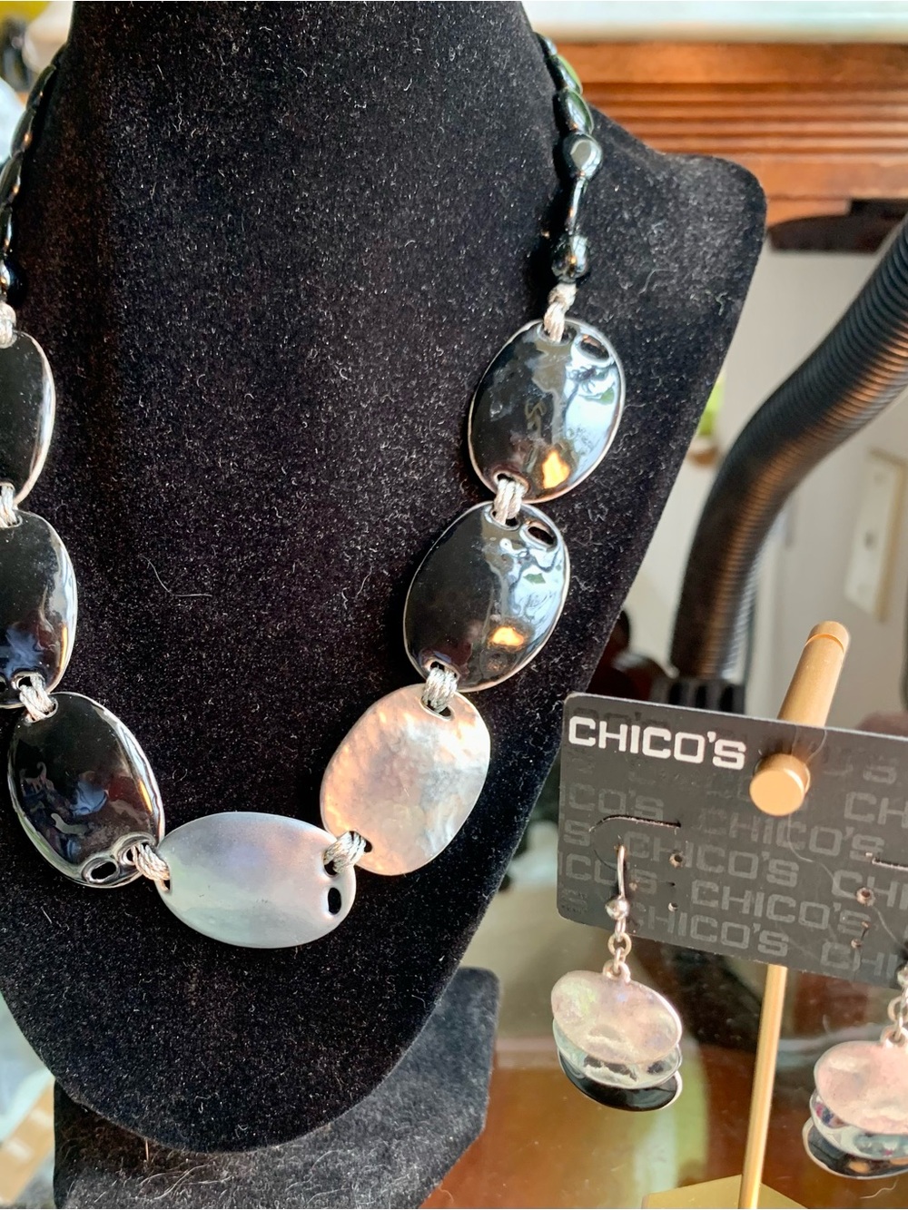 Chico's Iridescent Black and Silver Tone Link Necklace & Matching Earrings-New!